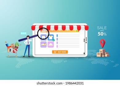 Concept of online shopping, businessman wear a white face mask and hold a big magnifier to focus on the screen of tablet to order a new shirt in green shade color background.