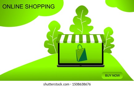 Concept for online shopping. Buy online. Trees and laptop in flat style. Vector graphic illustration.