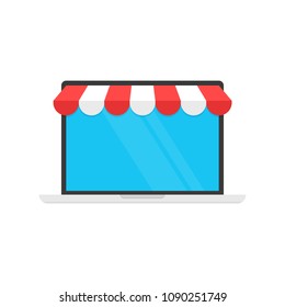 Concept online shopping, cart icon on monitor and storefront awning. Ecommerce, online shopping, e-commerce, internet marketplace concepts. Flat cartoon design, vector illustration on background