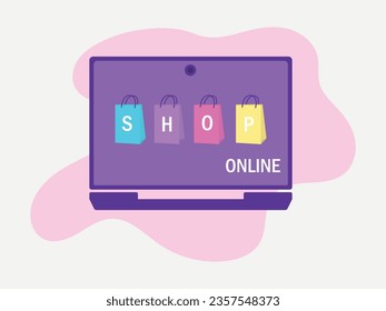 The concept of online shopping with a computer, shopping bags.On the screen of the monitor are soups with purchases and the inscription online shopping.Vector illustration