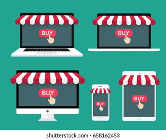 The concept of online shopping. Computer, laptop, smartphone and tablet with awning - vector background.