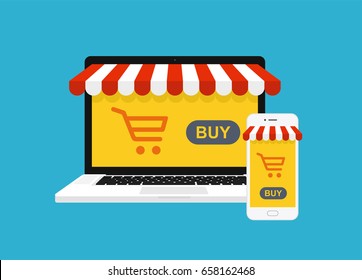 El concepto de compra en línea. Computadora y smartphone con toldo - fondo vectorial.
