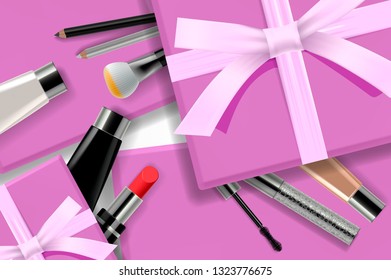 Concept online shopping cosmetics, gift boxes background top view. Sale Ads, magazine or catalog template design on commercial background, vector illustration.