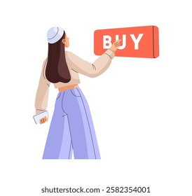 Concept of online shopping. Customer presses on button to buy at internet store. Modern buyer makes purchase in click in marketplace back view. Flat isolated vector illustration on white background