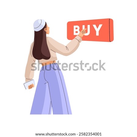 Concept of online shopping. Customer presses on button to buy at internet store. Modern buyer makes purchase in click in marketplace back view. Flat isolated vector illustration on white background