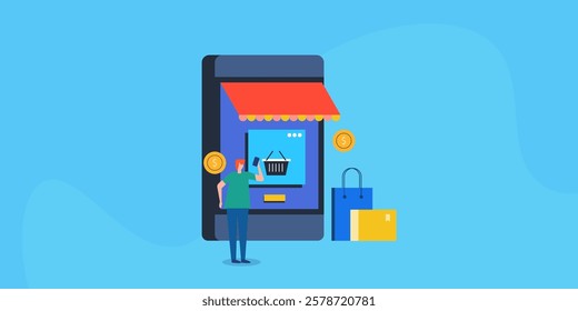 Concept of online shopping, Customer using shopping app, Mobile shopping app, ecommerce application - vector illustration background with icons