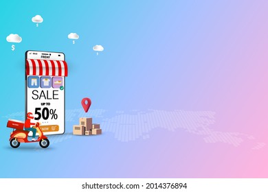 Concept of online shopping, delivery man riding a scooter in front of a big smartphone that the display contain discount rate and list of products in pastel color background.
