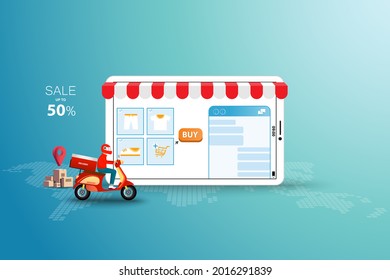 Concept of online shopping, delivery man riding a scooter in front of a big screen of tablet that contain list of products and chat with customer to prepare and ship them out in green color background