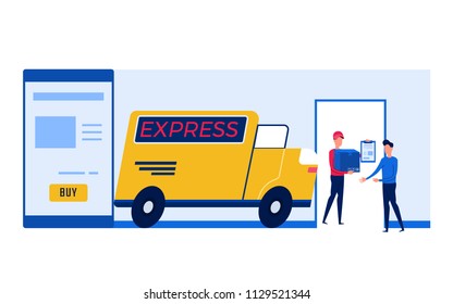 Concept of online shopping and delivery services. Cartoon Vector Illustration.