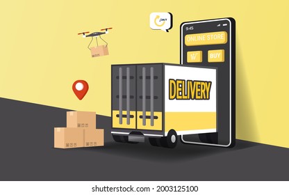 Concepto de compras y servicios de entrega en línea. Ilustración vectorial.