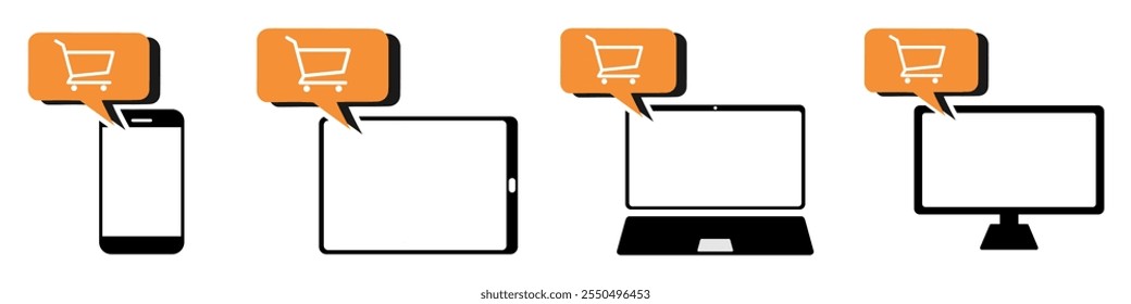 concept of online shopping in different device icon, E commerce flash sale or discount, payment cashless, digital store illustration vector