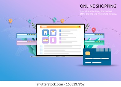 Concepto de compra en línea, la presentación de la lista de productos para portátiles, descripción, calificación de clientes y críticas. La tarjeta de crédito está en la parte delantera. Mapa y ruta de los envíos en fondo pastel.