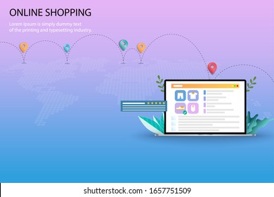 Concept of online shopping, the display of laptop show list of products, description, customer rating and reviews. Map and route of the shipments in pastel background.