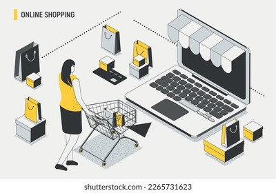 Concepto de compras en línea, comercio electrónico, venta flash, descuento, pago sin efectivo, digital, plano. Ilustración vectorial con portátil, paquetes, cajas y mujer con carro de la compra