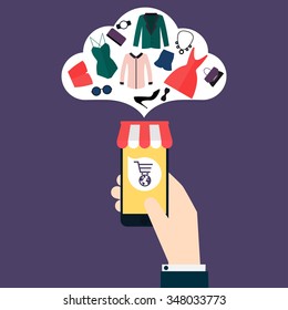 Concept online shopping and e-commerce. Icons for mobile marketing. Hand holding smart phone.  Flat design style modern vector illustration concept.