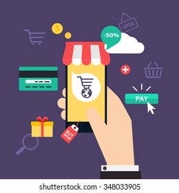 Concept online shopping and e-commerce. Icons for mobile marketing. Hand holding smart phone.  Flat design style modern vector illustration concept.