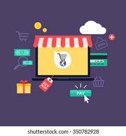 Concept online shopping and e-commerce. Icons for mobile marketing. Hand holding smart phone.  Flat design style modern vector illustration concept.