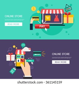 Concept online shopping and e-commerce. Icons for mobile marketing. Hand holding smart phone. Flat color horizontal banner set. Flat design style modern vector illustration.