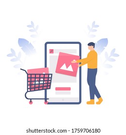 the concept of online shopping, e-commerce, marketplace, and microstock. illustration of a man taking a picture of a smartphone and putting it on a shopping cart. flat design. can be used for elements