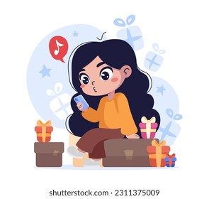 The concept of online shopping and e-commerce. Sale, orders, online payment, delivery, loyalty program. Vector illustration of cute girl buying gifts through phone on black friday holiday or sales.