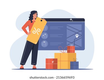 Concept of online shopping or ecommerce. Young woman holds discount coupon in her hands and receives gifts. Sale and special offer for making purchases in mobile app. Cartoon flat vector illustration