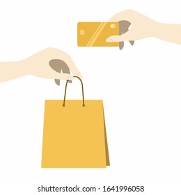 The concept of online shopping, electronic payment by credit card. A hand with a package and a hand with a card in a flat style. Vector illustration