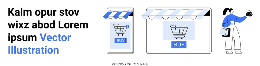 Concept of online shopping featuring a buyer using both mobile and desktop storefront interfaces to make a purchase. Ideal for e-commerce, digital marketing, online retail, mobile apps, web