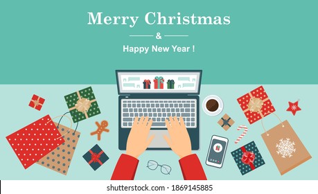 The concept of online shopping for gifts for Christmas and New Year. Stay home during the Covid 19 pandemic and shop safely. Vector illustration.