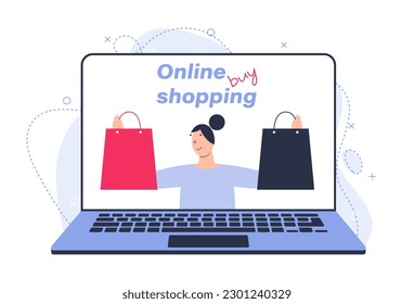 The concept of online shopping. The girl makes purchases via the Internet. The girl holds two orders in her hands