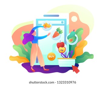 Concept of Online Shopping grocery, fruit and vegetable Modern flat design illustration for website and mobile website. Landing page template. Vector illustration