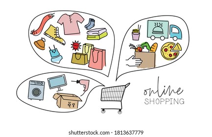 The concept of online shopping. Hand-drawn illustration of product icons, food, clothing, home appliances, and order baskets in the Doodle style.