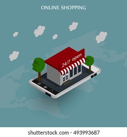 The concept of online shopping. Isometric building the store and the phone on the background map of the world. Vector illustration.