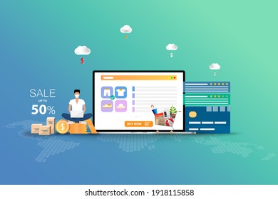 Concept of online shopping, man wear a face mask and sit on top of coinstack near a big screen of laptop that contain list of products, credit card, customer rating and reviews to order a new pant.