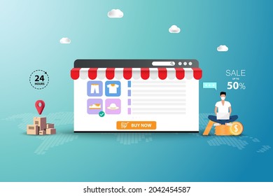 Concept Of Online Shopping, Man Wear A Face Mask And Sit On Top Of Coinstack Near A Big Screen Of Web Browser That Contain List Of Products To Order A New Shoe In Green Shade Color Background.