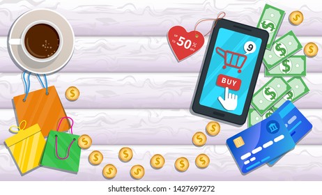 Concept of online shopping with mobile app. Flat smartphone with discount on price tag, cart icon and cursor clicking buy button on screen. Table with credit cards, shopping bags, cash, cup coffee