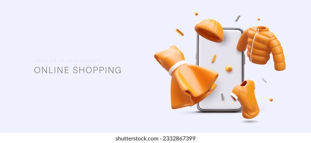 Concept of online shopping. Mobile application for buying clothes, hats, accessories. Color poster in plasticine style, place for text. Shopping with smartphone