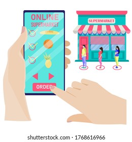 El concepto de compra en línea. No hay cola. Pide productos en línea usando la aplicación en tu smartphone. Pedir comida en casa. Compra de productos a través de Internet. Ilustración vectorial en estilo plano.