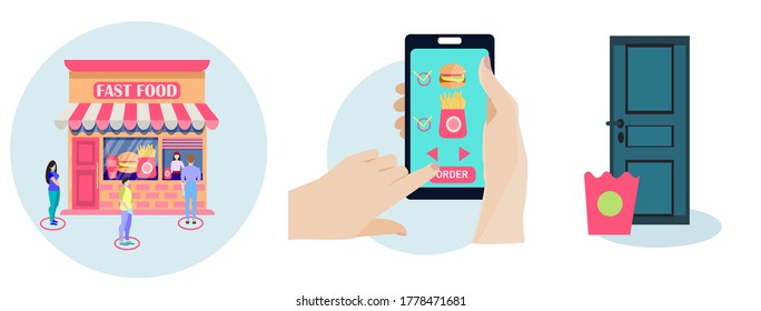 The concept of online shopping. No queue. Buy food using the app on your phone. Advertising banner. Order products online by phone. Contactless delivery to the door. Vector illustration in flat style.