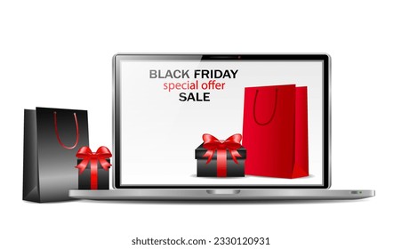 The concept of online shopping on black friday and cyber monday, online orders of goods and gifts from online stores. Laptop with an open page of the online store, advertising banner, e-commerce