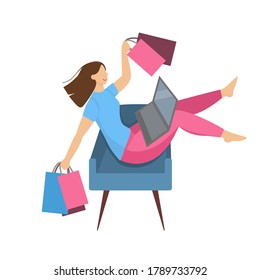 Concept of online shopping on the Internet. A young woman is sitting on an armchair in front of a laptop with bags in her hands. Emotions of joy and happiness.Flat cartoon vector illustration.