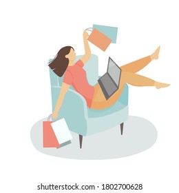 Concept of online shopping on the Internet. A young woman is sitting on an armchair in front of a laptop with bags in her hands. Flat cartoon vector illustration.