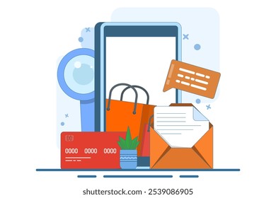 Concept of online shopping on smartphone. Big sale, special discount, social advertising. Mobile and digital marketing. Flat vector illustration for graphic elements, signs, symbols. Modern minimalist
