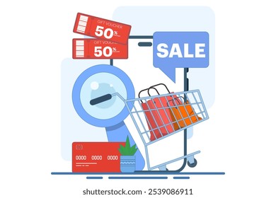 Concept of online shopping on smartphone. Big sale, special discount, social advertising. Mobile and digital marketing. Flat vector illustration for graphic elements, signs, symbols. Modern minimalist