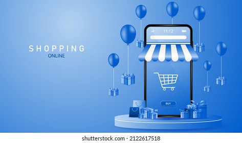 Concept online shopping on smartphones. On the sides are parcel boxes and shopping bags placed on a blue podium. blue balloons floating in the background
