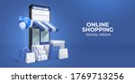 the concept of online shopping on social media app. 3d Smartphone with shopping bag, chat message, delivery, 24 hours, and like icon. suitable for promotion of digital stores, web and ad. illustration