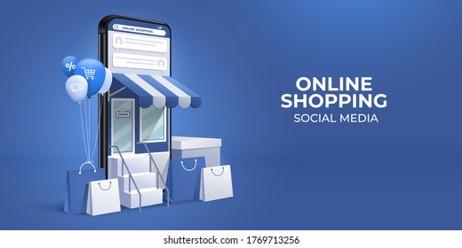 the concept of online shopping on social media app. 3d Smartphone with shopping bag, chat message, delivery, 24 hours, and like icon. suitable for promotion of digital stores, web and ad. illustration