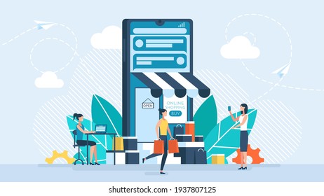 Concept of online shopping on social media app. Online store via mobile phone set, 2D, 3D web banner of online shopping. Smartphone with shopping bag, chat message, delivery, 24 hours, and like icon.