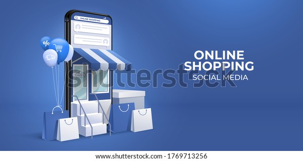 the concept of online shopping on social\
media app. 3d Smartphone with shopping bag, chat message, delivery,\
24 hours, and like icon. suitable for promotion of digital stores,\
web and ad. illustration
