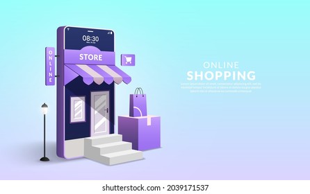 Concept of online shopping on website and mobile application, 3D smartphone in form of mini shop with shopping bag