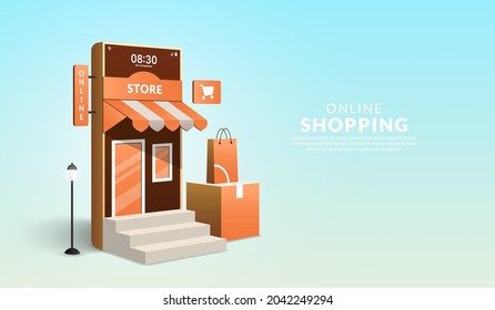 Concept of online shopping on website and mobile application, 3D smartphone in form of mini shop with shopping bag